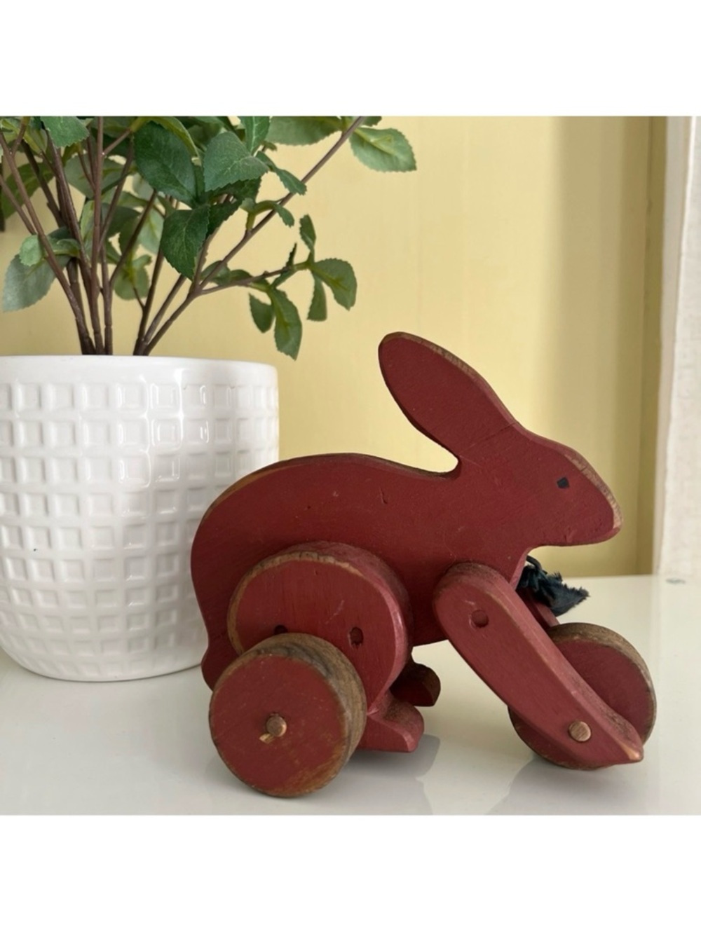 Vintage Folk Art Handmade Wooden Bunny Rabbit Pull Toy